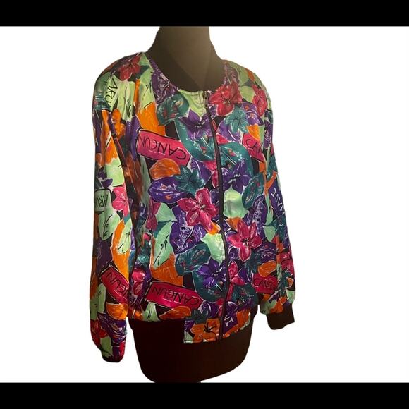 Vintage America Jackets & Blazers - Vtg 90s Satin Oversized Maximalist Colorful Floral Bomber Jacket Womens Size M